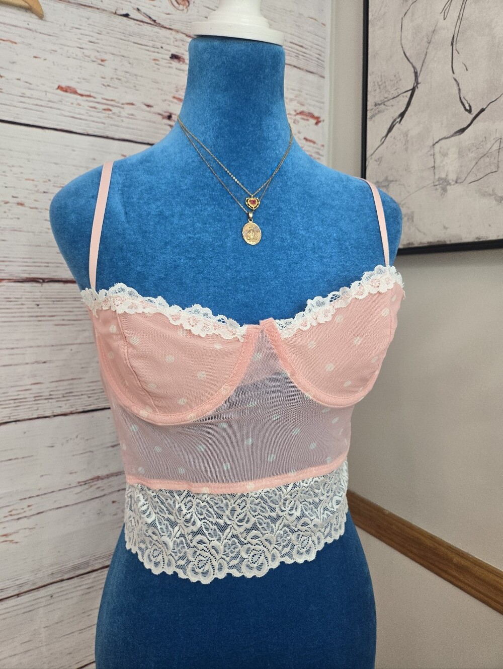 Urban Outfitters Pink Polka Dot Lace Mesh Bustier Crop Top NWT Size M